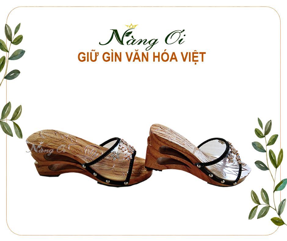 Guốc Gỗ Cao Gót 8cm Chạm Khắc 2 Giọt Nước VN06